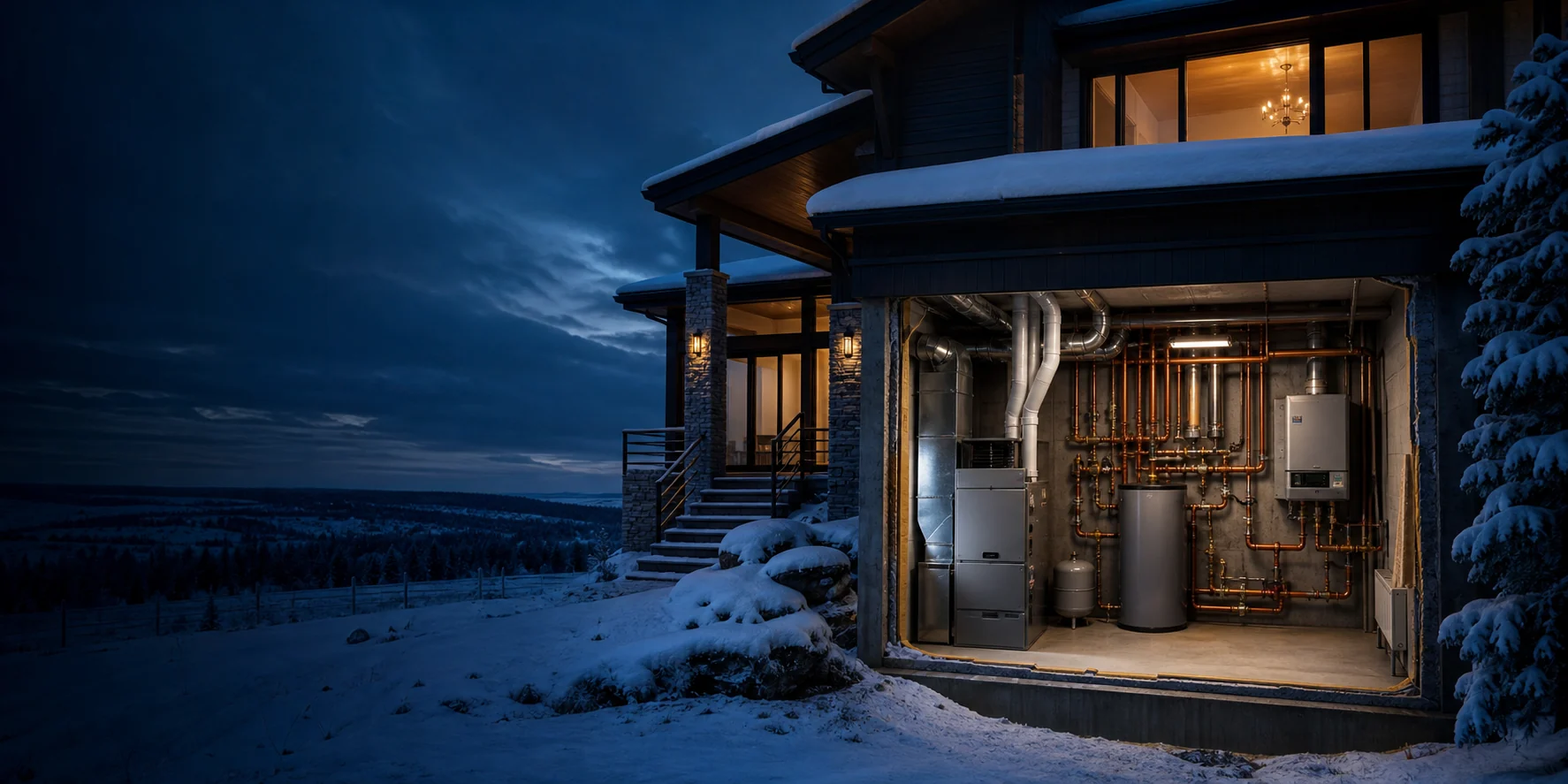 Illustrative northern home with a cutaway view of the heating system