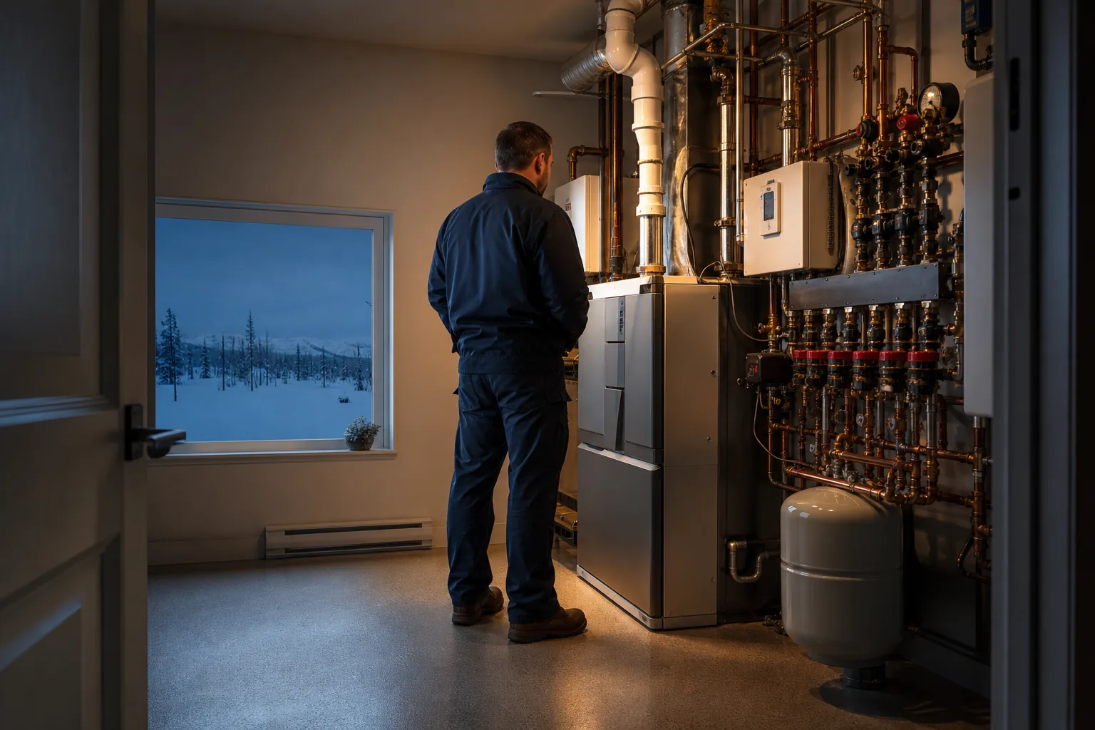 Illustrative first-person view into a northern mechanical room